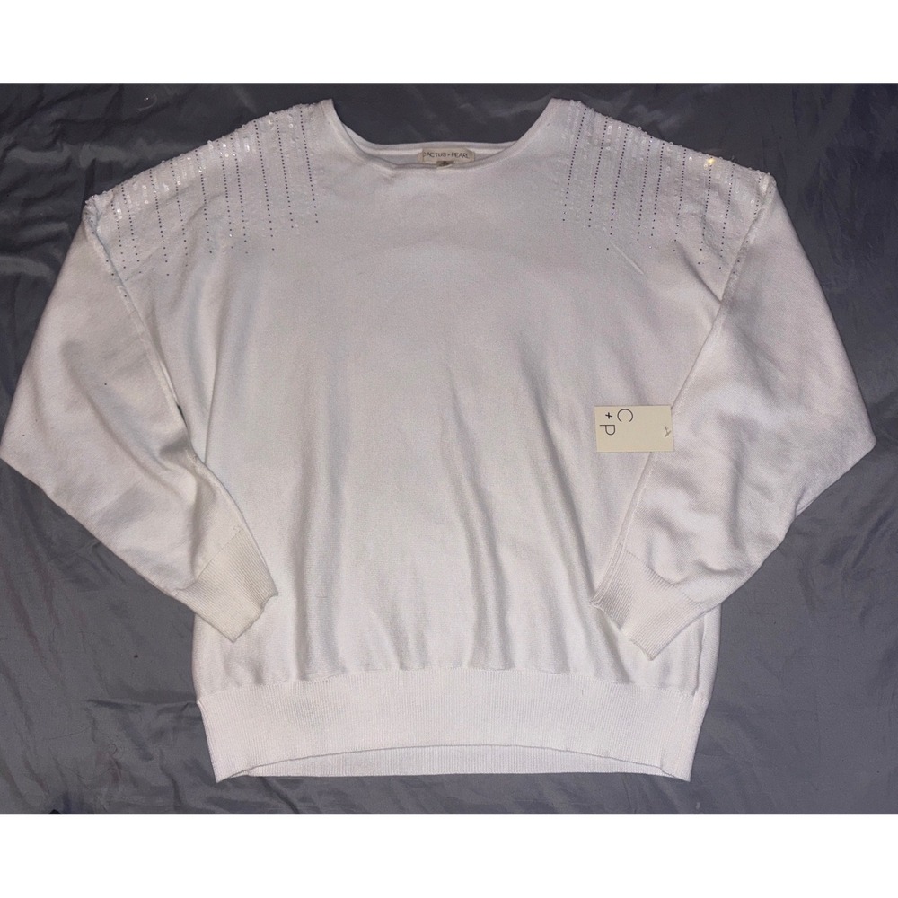 NEW Cactus + Pearl White Knit Sweater‎ with Embellished Shoulders – Size M